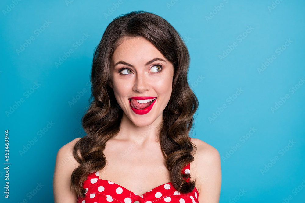 Red Wavey Color Closeup photo of pretty funny wavy lady licking plump tempting lips ...