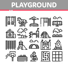 Canvas Print - Playground Children Collection Icons Set Vector. Basketball And Climbing Wall, Seesaw And Swing In Horse Form Playground Attraction Concept Linear Pictograms. Monochrome Contour Illustrations