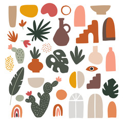 Wall Mural - Set of abstract hand drawn shapes, leaves, flowers, geometric elements. Flat modern artistic, minimalist design. Cactus, palm, monstera leaves, ceramics vases, windows. Decorative isolated vectors
