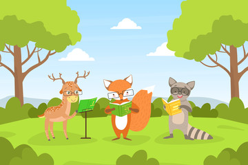 Poster - Cute Woodland Animals in Glasses Sitting on Lawn and Reading Books, Deer, Fox and Raoon Characters Studying Cartoon Vector Illustration