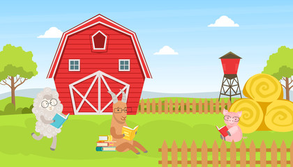 Sticker - Beautiful Summer Rural Landscape with Green Field, Red Barn and Farm Humanized Animals Reading Books Cartoon Vector Illustration