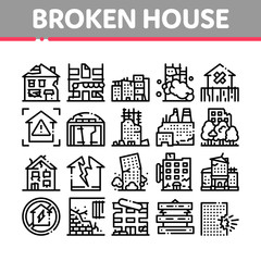 Canvas Print - broken house building collection icons set vector. crashed and abandoned building, demolition damage