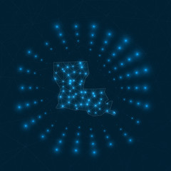 Poster - Louisiana digital map. Glowing rays radiating from the US state. Network connections and telecommunication design. Vector illustration.