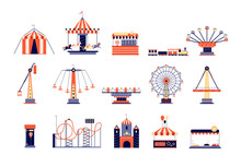 Amusement Park. Fun Recreation Playground, Amusements And Carousels. Children Attractions, Rollercoaster And Ferris Wheel. Fair Vector Set. Amusement And Rollercoaster, Swing Extreme Illustration