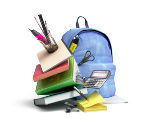 Blue backpack with school supplies 3d render on white