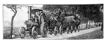 Antique Steam Traction Or Tractor Engine System Fowler/ Antique Engraved Illustration From Brockhaus Konversations-Lexikon 1908
