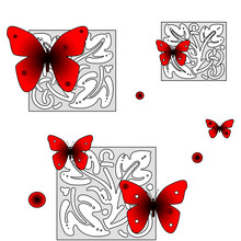 Red Black Butterfly, Gray Squares, Seamless Pattern On White Background