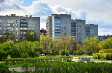 Typical Soviet Apartment Blocks In Saint Petersburg, Russia. These Nine-storey Houses Are Located In The Southern Part Of The City, Near Propekt Veteranov Metro Station