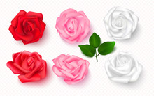 Set Of Rose Buds On A Transparent Background. 3D Flowers For Cards, Banners, Invitations. Vector Illustration.