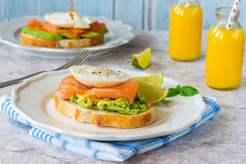 Canvas Print - Poached egg, salmon and avocado open sandwich