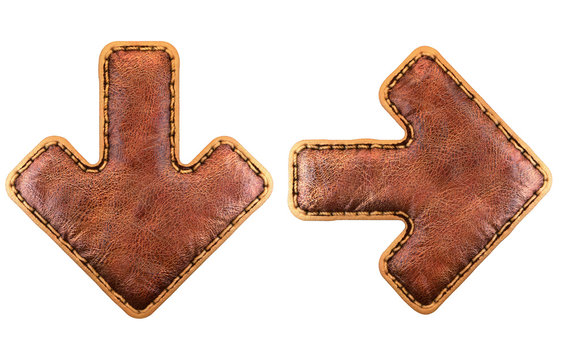 Set of symbols arrow to down and left arrow made of leather. 3D render font with skin texture isolated on white background.