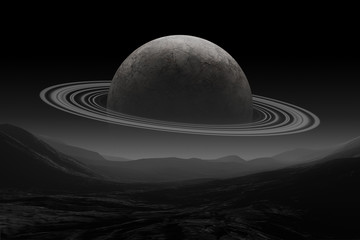 Wall Mural - science fiction space landscape with saturn over alien landscape, 3d illustration