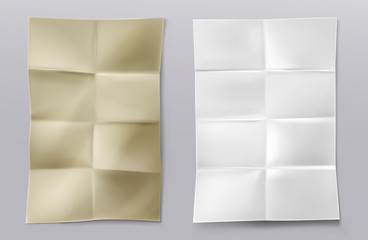 Poster - Folded blank paper sheets top view. Vector realistic mockup of white and kraft paper with crossing creases. Wrinkled leaflet, flyer, crumpled document pages isolated on gray background