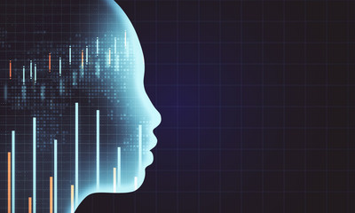 Poster - Creative forex chart backdrop with candlestick graph and glowing head. Technology and finance concept. 3D Rendering