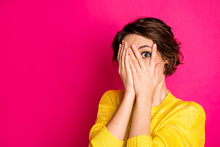 Close-up Portrait Of Her She Nice-looking Attractive Lovely Pretty Terrified Scared Girl Hiding Face In Palms Hands Feeling Fear Isolated Bright Vivid Shine Vibrant Pink Fuchsia Color Background