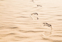 Fresh Human Footprints On Dry Sand In Sunny Summer Day. Go Forward. Low Angle View. Closeup.