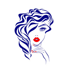 Beautiful sexy face, red lips, fashion woman, element design, curly hairstyle, hair salon sign, icon. Beauty Logo. Vector illustration. Hand drawing style.