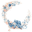 © EvgeniiasArt - Watercolor illustration of octopus in blue color with floral composition isolated on white background