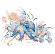 © EvgeniiasArt - Watercolor illustration of octopus in blue color with floral composition isolated on white background