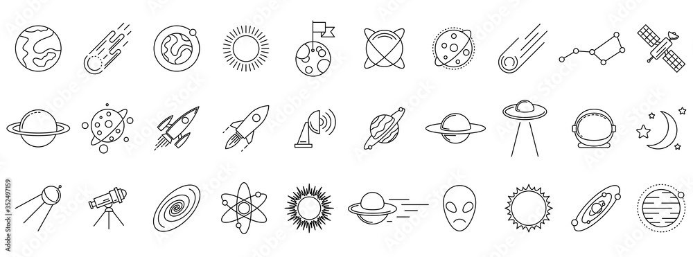 Cosmos icons set. Linear cosmos icons isolated. Vector illustration. Set of astronomy or space vector icons - obrazy, fototapety, plakaty 