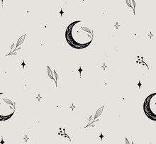 Vector Hand Drawn Line Drawing Doodle Floral Seamless Pattern With Moon, Stars, Plants, Branches, Leaves, Berries. Design Elements Illustration. Branding. Swatch