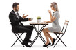 Businessman sitting at a cafe and talking to a woman drinking coffee