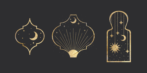 chic golden luxurious retro vintage engraving style. image of the sun and moon phases. culture of oc