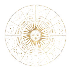 chic golden luxurious retro vintage engraving style. image of the sun and moon phases. culture of oc