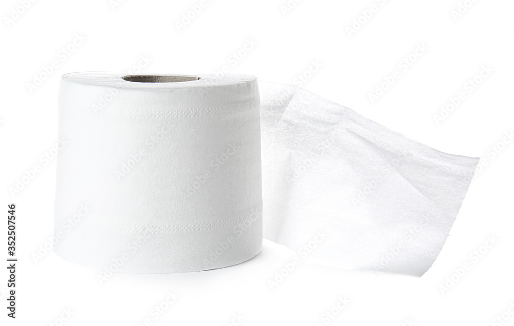 Roll of toilet paper on white background