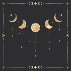 Wall Mural - chic golden luxurious retro vintage engraving style. image of the sun and moon phases. culture of occultism. Vector graphics