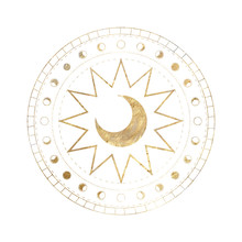 Chic Golden Luxurious Retro Vintage Engraving Style. Image Of The Sun And Moon Phases. Culture Of Occultism. Vector Graphics