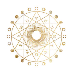 chic golden luxurious retro vintage engraving style. image of the sun and moon phases. culture of oc