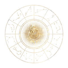 chic golden luxurious retro vintage engraving style. image of the sun and moon phases. culture of oc