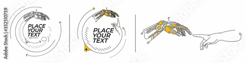 Fotografía Set of Hands of Robot and Human hands touching with fingers, Virtual Reality or Artificial Intelligence Technology Concept - Hand Draw Sketch Design illustration