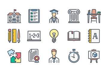 Poster - education related color line icon set. knowledge colorful linear icons. school and university flat c