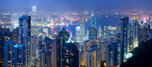 Panoramic View Of Hong Kong Bay At Night, Hong Kong, China