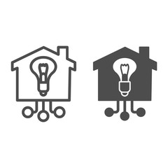 Poster - Light bulb in building line and solid icon, smart home concept, Electricity with connections sign on white background, House with lighting bulb icon in outline style mobile, web. Vector graphics.