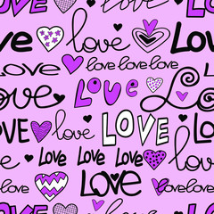 Fototapete - Graphic simple pattern with the word love and abstract hearts on a pink background