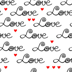 Poster - Graphic black and white seamless pattern with the word love and abstract red hearts