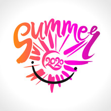 Vector Yellow Card Summer 2020. Rays Of The Sun, An Handwritten Calligraphy Design. Stylish Seasonal Logo Summer.