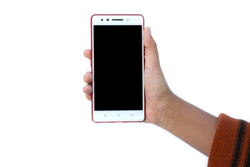 Hand is holding a smartphone show Isolated white background