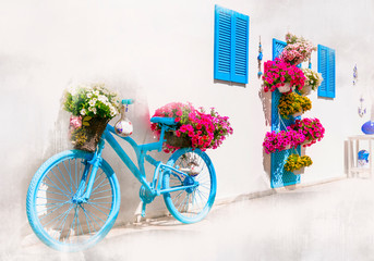 Wall Mural - Charming bar and street decoration design in retro style with old bicycle and flowers. Floral bike decor