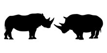 Set Of Black And White Silhouettes Of Rhinoceros With Two Horns - Isolated On White Background - Vector