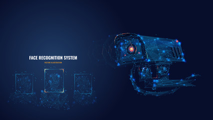 Abstract 3d camera scanning faces. Polygonal face recognition system, biometric scanning, technologies based on neural networks concept. Artificial intelligence vector illustration with connected dots