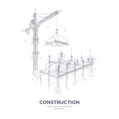 Leinwandbilder - 3d high tower crane holding slab. Isolated construction equipment in white background. Vector sketch drawing. Building construction concept. Abstract low poly wireframe