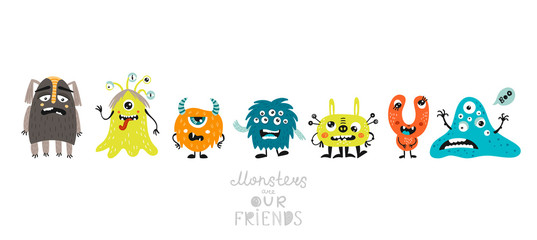 Sticker - Vector background with scary funny monsters