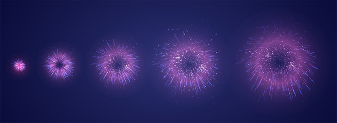 Wall Mural - vector set of different stages of a firework explosion on a dark purple background