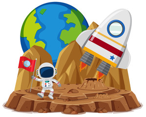 Wall Mural - Astronaut with flag in the planet cartoon style on white background