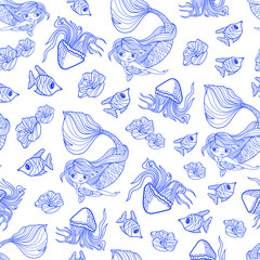 Wall Mural - mermaid jellyfish fish seamless pattern graphics outline background children illustration vector wallpaper