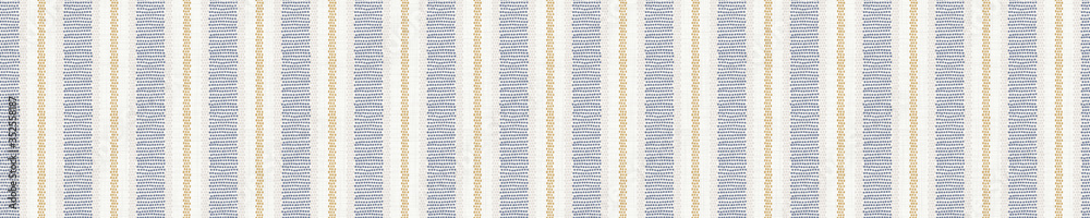 Seamless french farmhouse stripe border pattern. Provence blue linen shabby chic style. Hand drawn texture. Yellow blue banner background. Modern textile ribbon trim - obrazy, fototapety, plakaty 